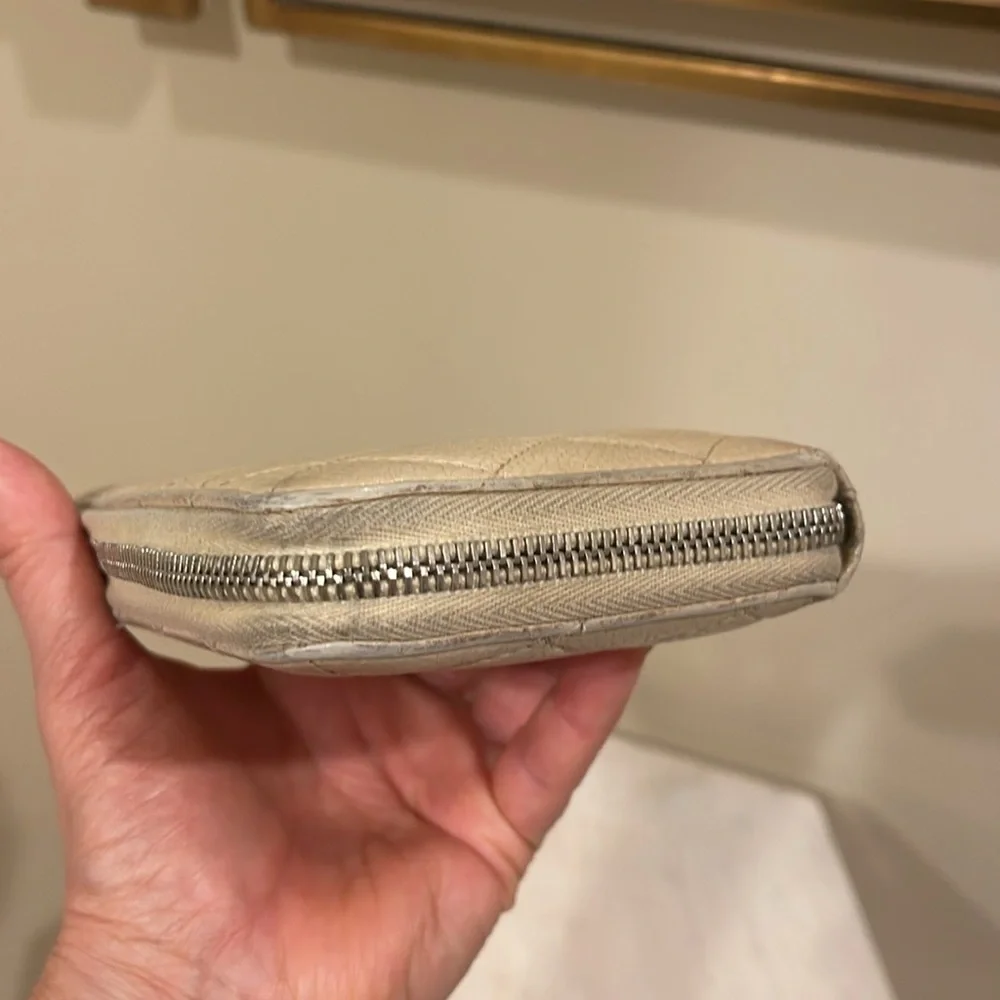 Chanel beige quilted lambskin zip around wallet